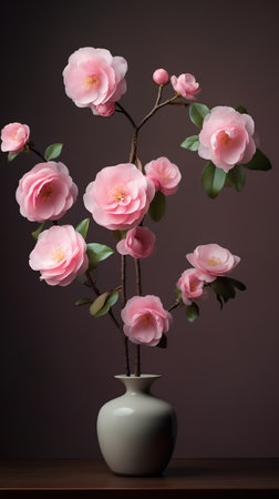 Camellia flowers in vase on dark background. 3d renderingの素材