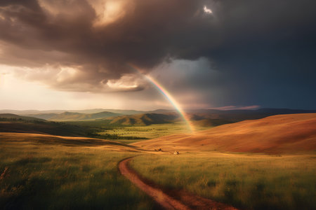 Beautiful landscape with rainbow in the sky over the grassy hillsの素材