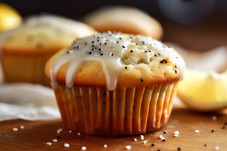 Muffins with poppy seeds and lemon on a wooden board.の素材