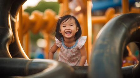 Happy asian little girl playing on the playground in the morning.の素材