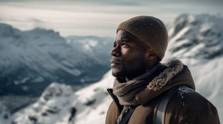 Portrait of a handsome African American man with a beard, wearing a brown jacket and a knitted hat, standing in front of a snow covered mountain.の素材