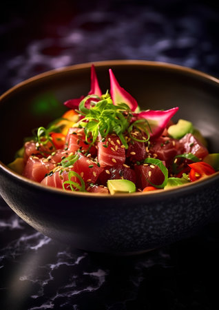 Hawaiian tuna poke bowl with avocado, radish and sesame seedsの素材