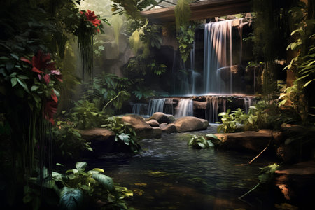 Beautiful waterfall in the tropical garden. 3d rendering. Computer digital drawing.の素材