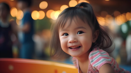 Cute little asian girl playing on playground with bokeh backgroundの素材