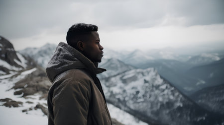 Handsome african american man on top of a snowy mountainの素材