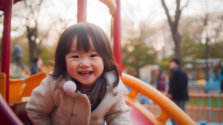 Little asian girl having fun on the playground in the park.の素材