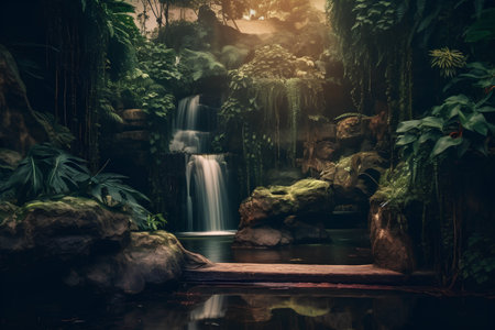 Beautiful waterfall in tropical garden,3d rendering. Computer digital drawing.の素材