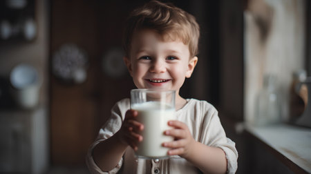 Cute little boy drinking milk in the kitchen at home. Selective focus.の素材