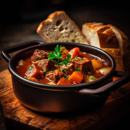Beef goulash with vegetables and herbs in rustic styleの素材