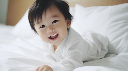 Cute asian baby lying on the bed in the morning.の素材