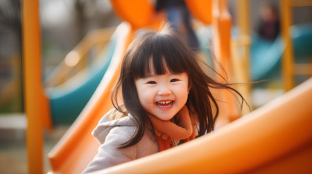 Portrait of happy little asian girl having fun on playground.の素材