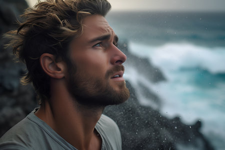 Portrait of a handsome young man with a beard against the backdrop of the oceanの素材