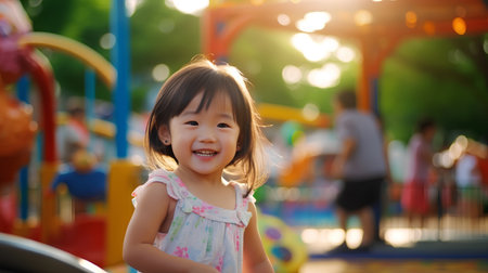 Cute asian little girl playing on the playground in summertimeの素材