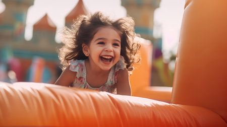 Little girl having fun on a slide at the playground. Happy child having fun outdoors.の素材