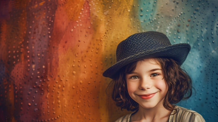 Portrait of a cute little girl in a hat on a colorful backgroundの素材