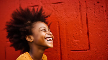 Close up portrait of a beautiful young african american woman with afro hairstyle laughing against red wallの素材