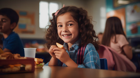 Portrait of cute little girl eating sandwich and smiling while her friends sitting in backgroundの素材