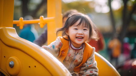 Happy little asian girl playing on the playground in the park.の素材