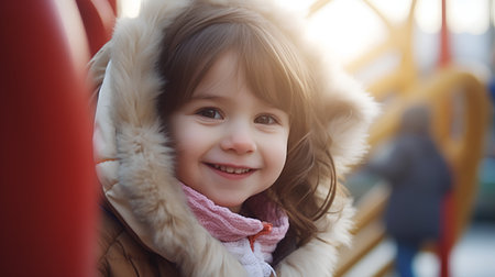 Portrait of a cute smiling little girl in winter jacket on the playgroundの素材