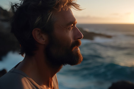 Portrait of a handsome bearded man looking at the sea at sunsetの素材