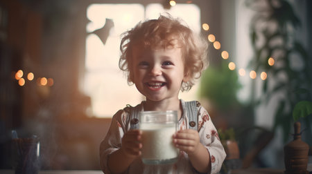 Portrait of a little boy with a glass of milk at homeの素材