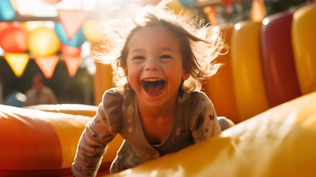 Happy little girl having fun on a bouncy castle in a playgroundの素材