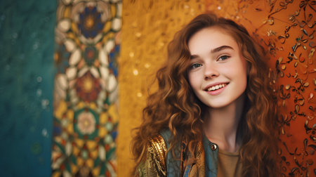 Portrait of a beautiful red-haired girl with long curly hair.の素材