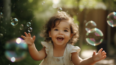Little girl playing with soap bubbles in the garden. Shallow depth of field.の素材