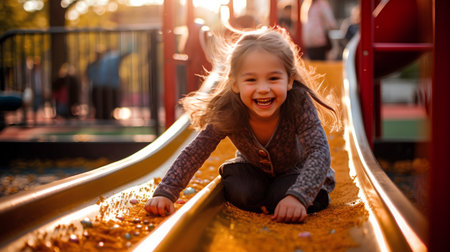 Adorable little girl having fun on the playground. Happy child having fun outdoors.の素材
