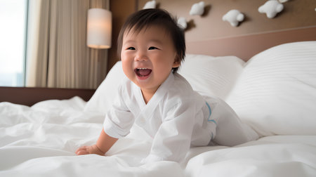 Cute asian baby girl in white shirt on the bed.の素材