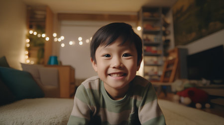 Portrait of cute asian little boy smiling and looking at cameraの素材