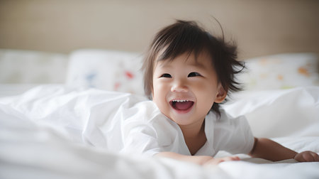 Cute asian baby lying on the bed in the morning.の素材