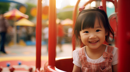 Happy asian little girl playing on the playground in the morning.の素材