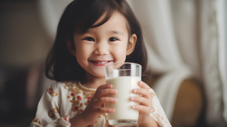 Little Asian girl drinking a glass of milk at home. Healthy nutrition concept.の素材