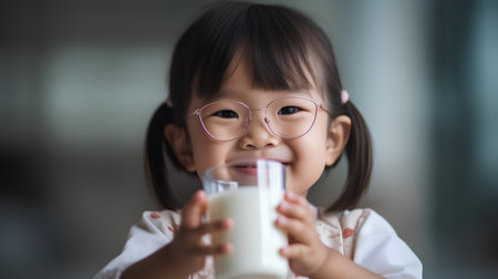 Asian Chinese little girl drinking a glass of milk in the living room at homeの素材