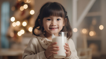 Cute asian little girl drinking milk at christmas time.の素材