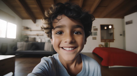 Portrait of boy smiling at camera while looking at camera at homeの素材