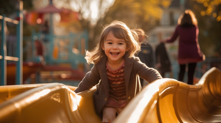 Adorable little girl having fun on a sunny autumn day at the playgroundの素材