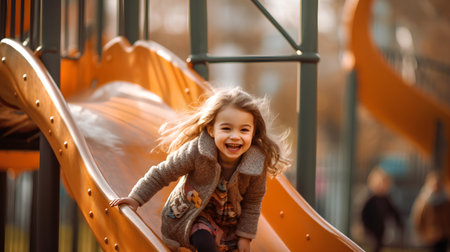 Cute little girl having fun on a slide in the playground.の素材