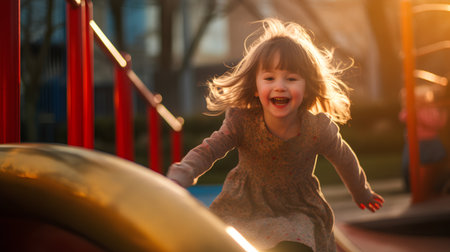 Happy little girl having fun on the playground at sunset. Adorable child having fun outdoors.の素材