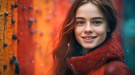 Portrait of a beautiful young woman in a red coat and scarfの素材