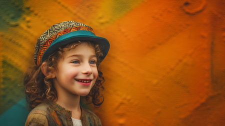 Portrait of a cute little girl in a hat on a colorful backgroundの素材