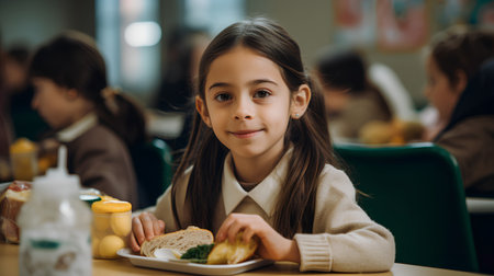 Cute little girl eating a sandwich in a cafe. Selective focus.の素材