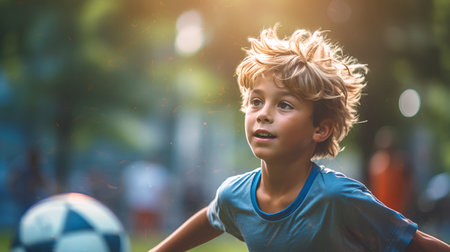 Portrait of a little boy playing football in the summer park.の素材