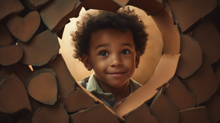 Portrait of a cute african american boy looking through hole in paperの素材