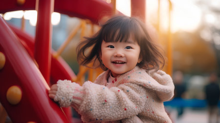 Portrait of a cute little asian girl having fun on the playgroundの素材