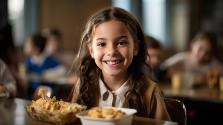 Portrait of a cute little girl eating french fries in a restaurantの素材