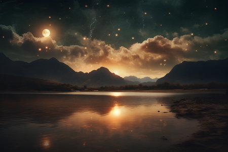 Fantasy landscape with lake and mountains at night. 3d rendering