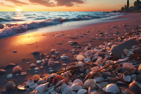 Beautiful seascape with sea shells and stones at sunrise.の素材