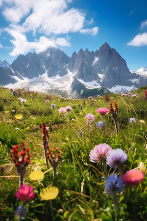 Beautiful alpine meadow with flowers and mountains in background.の素材